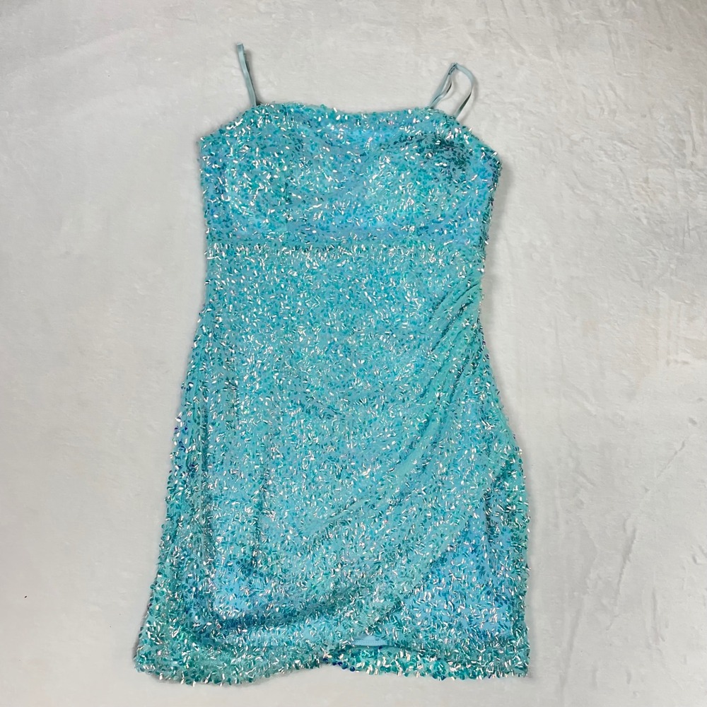 Midnight Doll Sequin Dress Women M Blue Good Y2K Ruched Bodycon Mini XSI19734